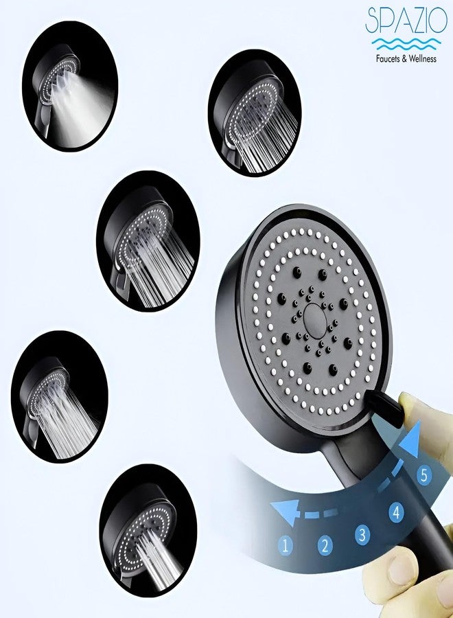 SPAZIO طقم دش يدوي أسود متعدد التدفقات عالي الضغط من SPAZIO HS-2 ABS مع أنبوب أسود بطول 1.5 متر وخطاف حائط (مجموعة من قطعة واحدة) للحمام / صنبور خلاط حائط (نوع تركيب على الحائط) - Image 4